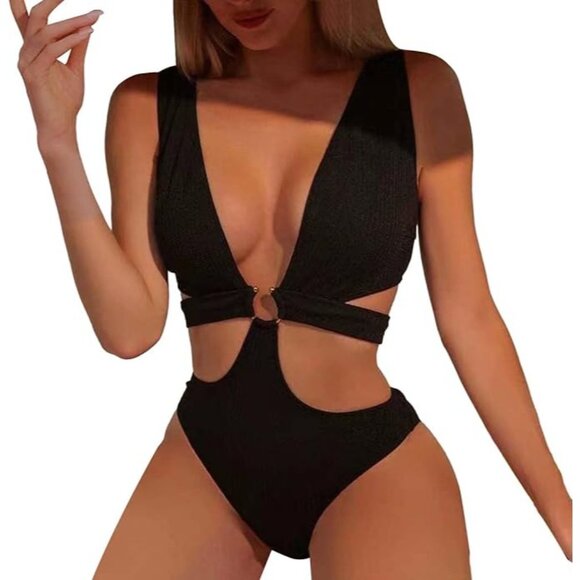 Bathing Suit for Women Deep V-Neck Round Ring High Waist Tummy Sexy Hollow Out B - Picture 1 of 6